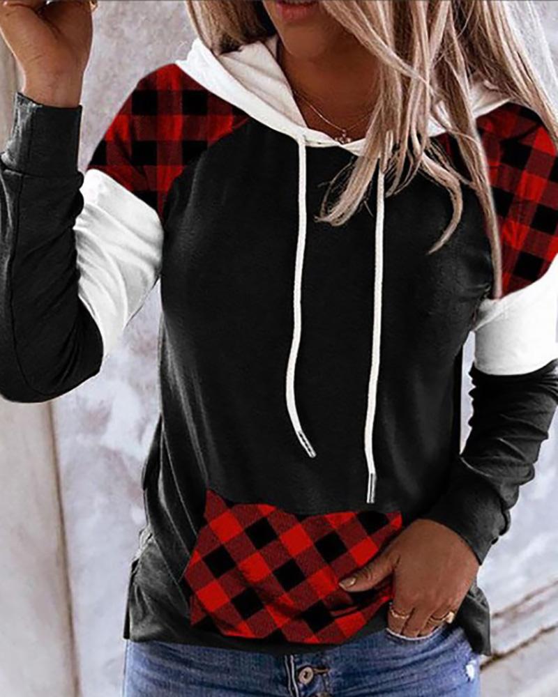 

Colorblock Plaid Print Hooded Drawstring Top, Red