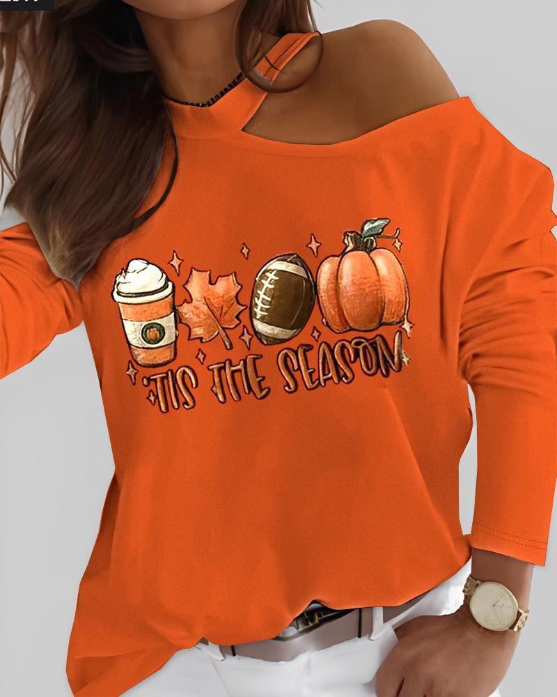 

Plus Size Halloween Tis The Season Graphic Print Cold Shoulder Top, Orange