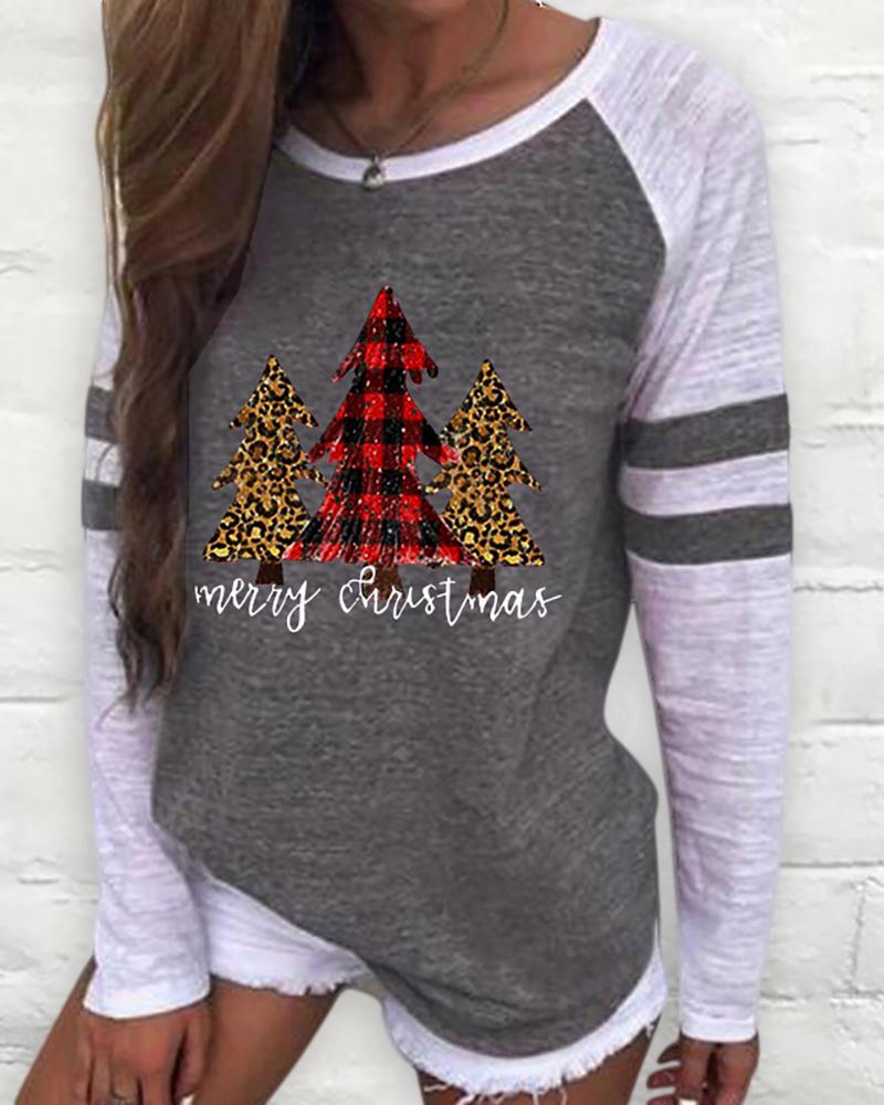 

Christmas Long Sleeve Casual Tree Print Sweatshirt, Gray