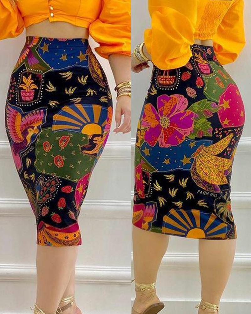 

All Over Print High Waist Pencil Skirt Elegant Midi Skinny Skirt, Multicolor