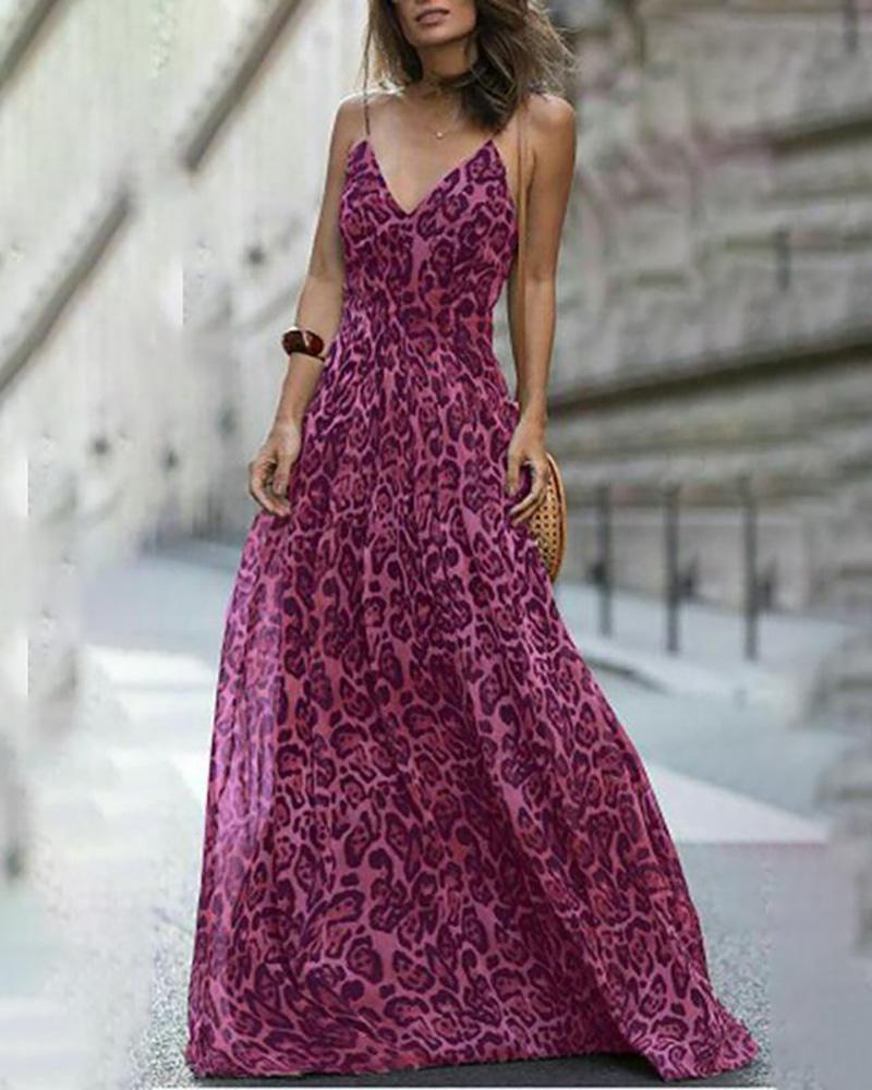 

Spaghetti Strap Leopard Print Maxi Dress, Red