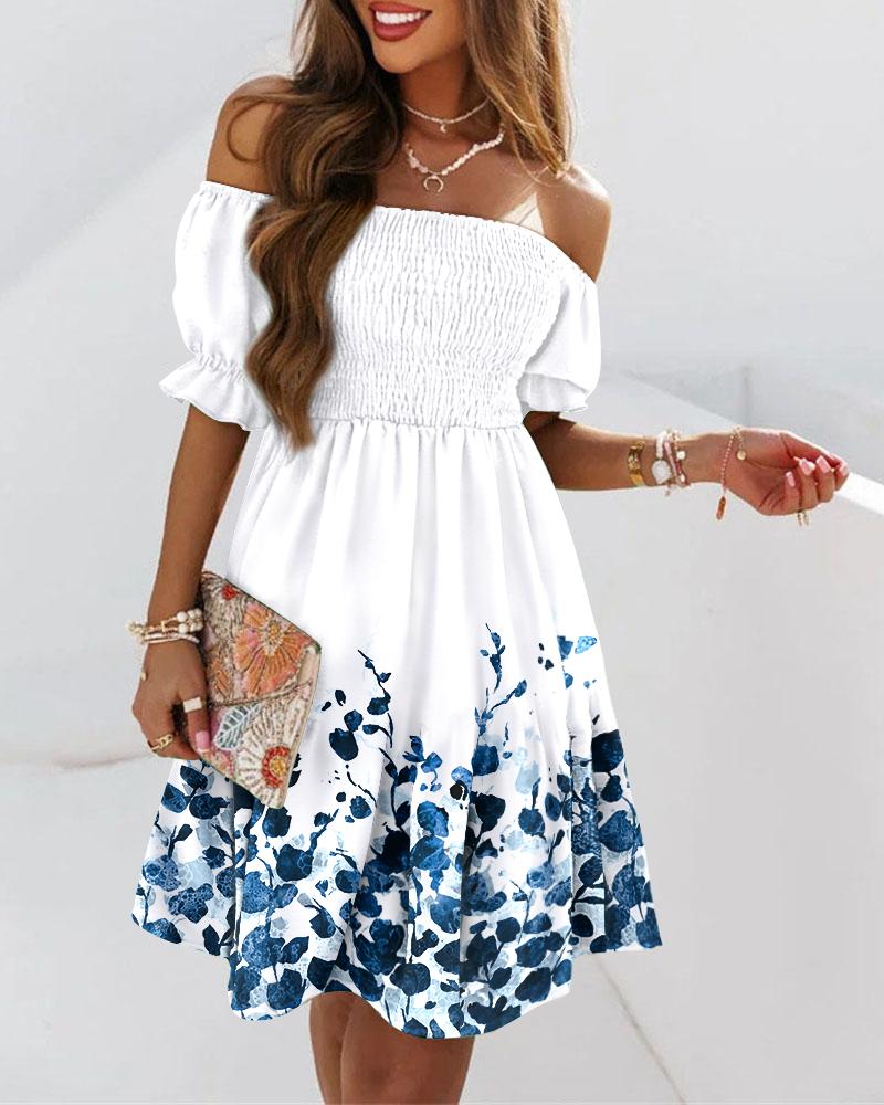 

Plants Print Off Shoulder Shirred Swing Dress, White