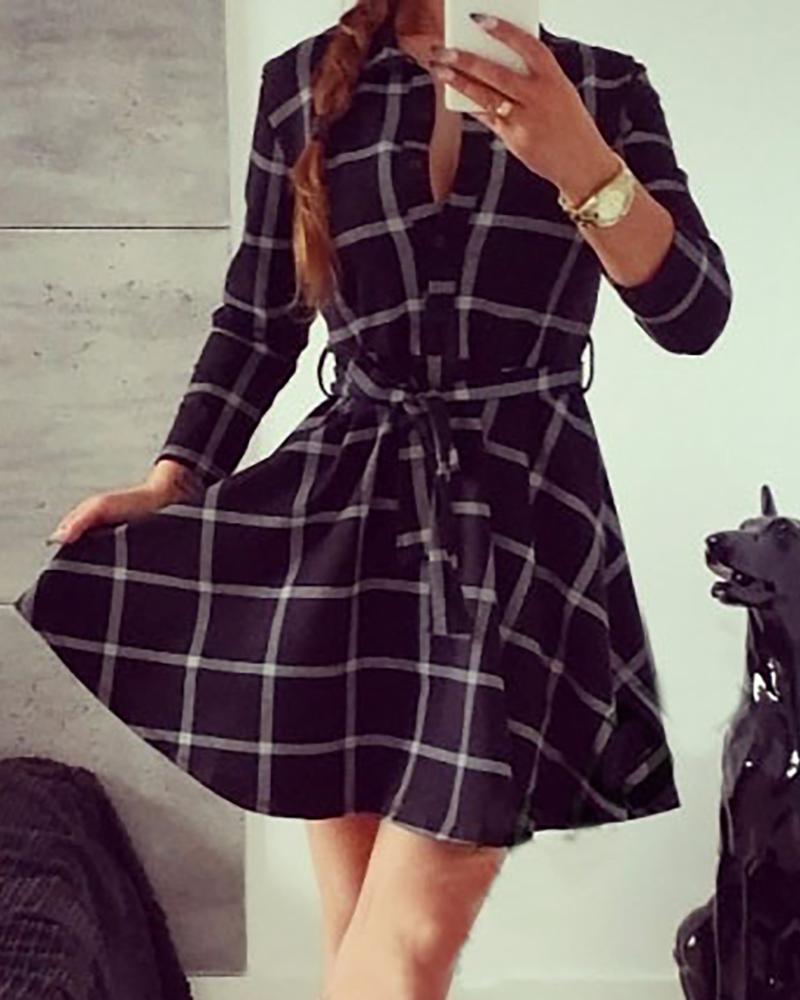 

Button Design Ruffles Hem Plaid Women Shirt Dress, Black