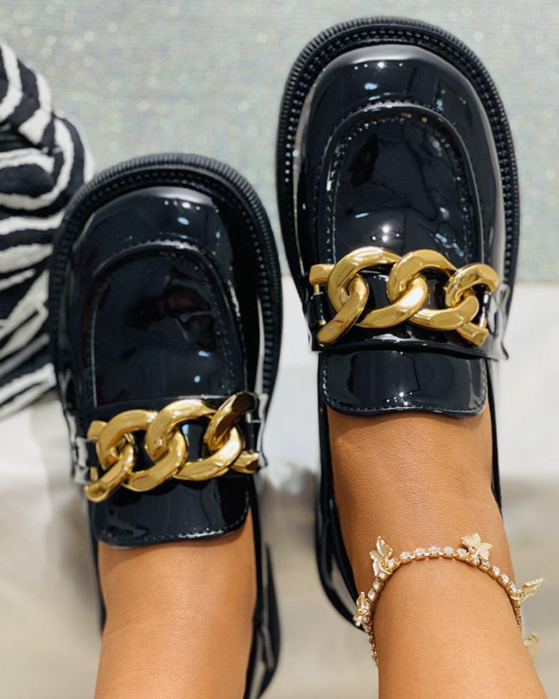 

Round Toe Chain Decor Slip On Loafers, Black