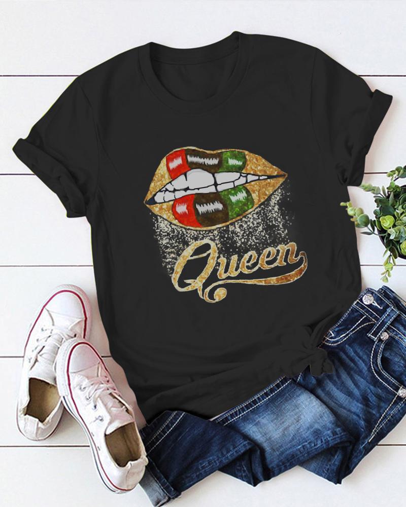 

Letter Lip Print Short Sleeve T-Shirt, Black