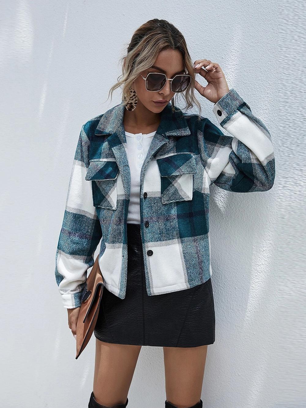 

Plaid Print Buttoned Pocket Design Shacket, Green