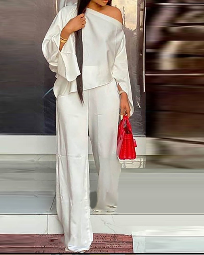 

Skew Neck Top & Wide Leg Pants Set, White