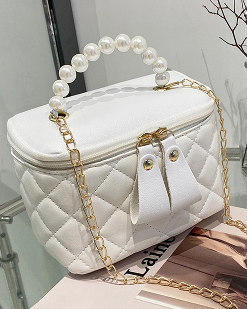 

Pearls Top Handle Quilted Bucket Handbag Trendy Crossbody Bag, White