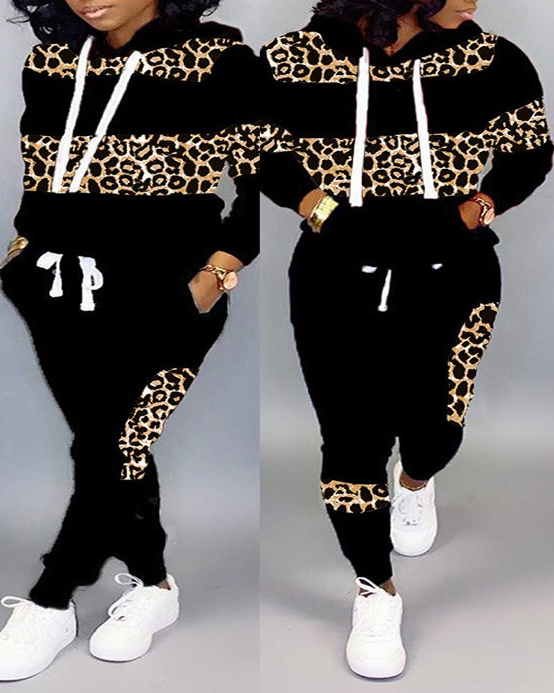 

Plus Size Leopard Print Long Sleeve Hoodie & Pants Set, Black