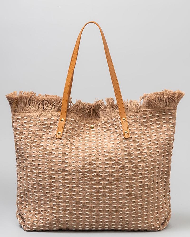 

Plaid Large Capacity Tassel Braided Magnet Tote Bag, Style4