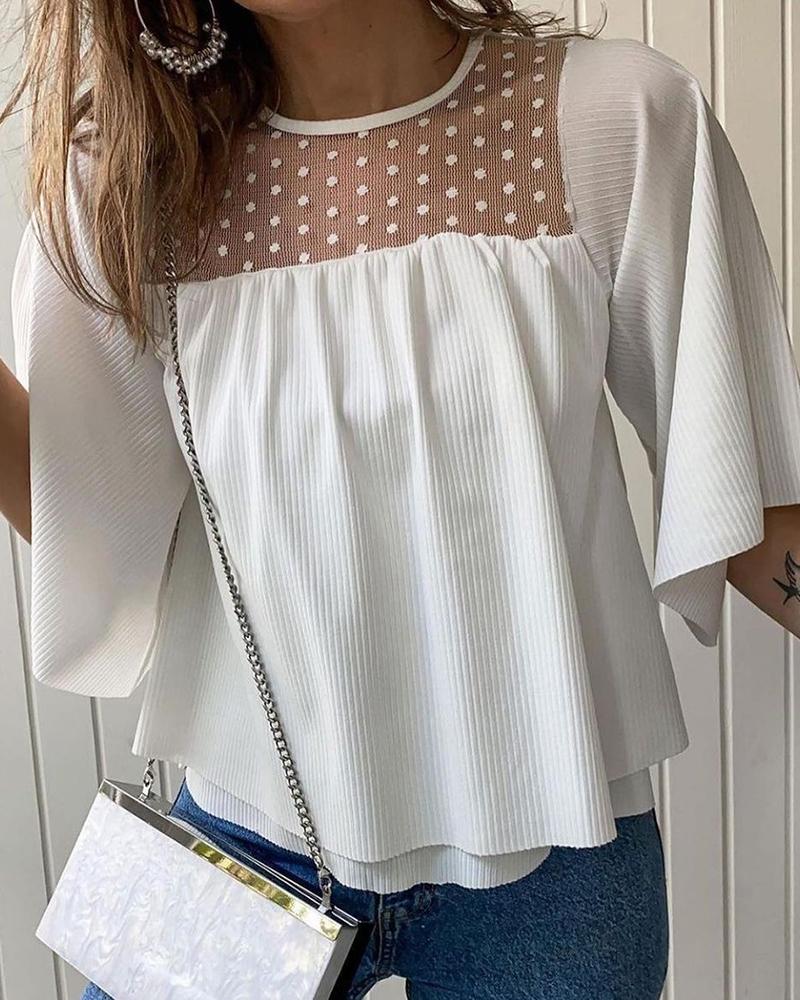 

Dot Mesh Half Sleeve Ruffles Casual Top, White
