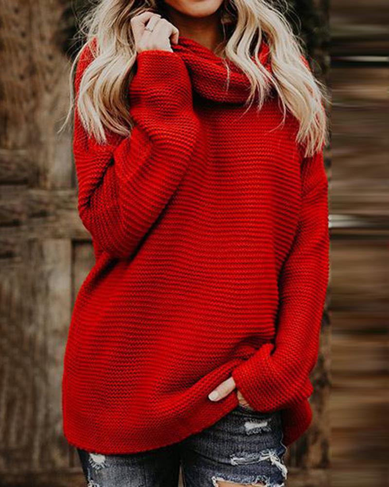 

High Neck Long Sleeve Slit Knit Sweater, Red