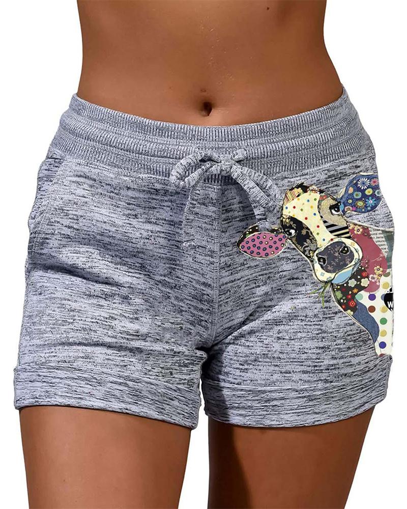 

Solid Color Splicing Cartoon Animal Print Drawstring Short Pants, Gray
