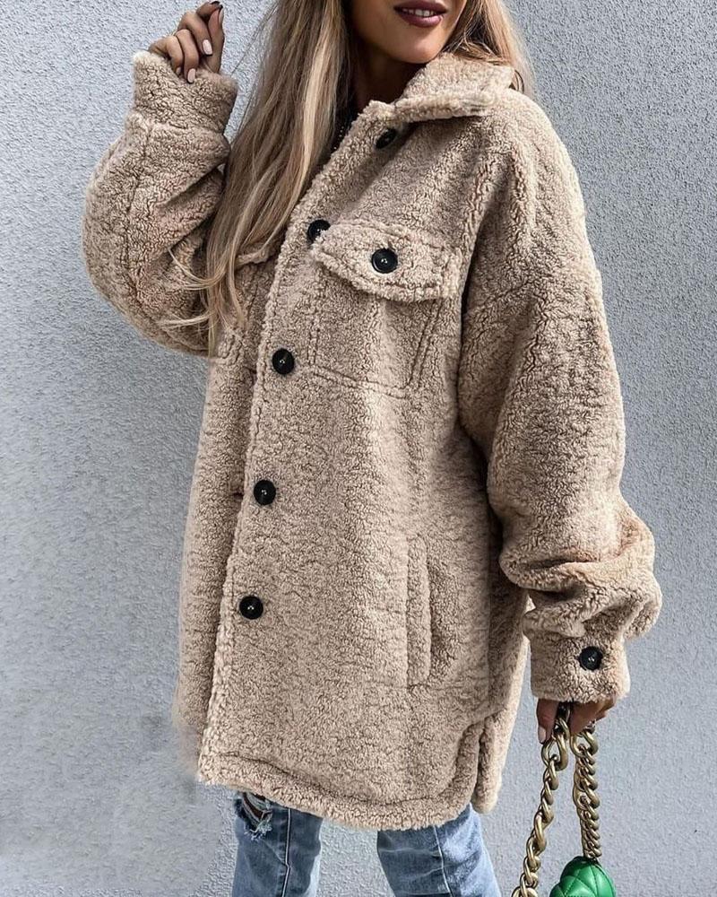 

Long Sleeve Flap Pocket Button Down Teddy Coat, Khaki