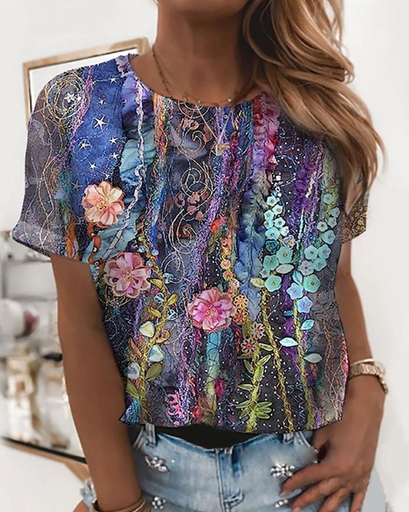 

Graphic / Floral Print Short Sleeve Casual T-Shirt, Style3