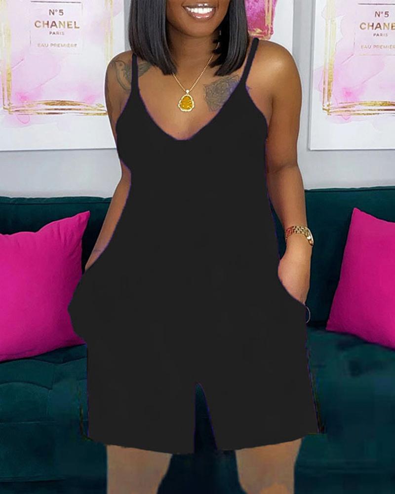 

V-Neck Pocket Detail Spaghetti Strap Romper, Black
