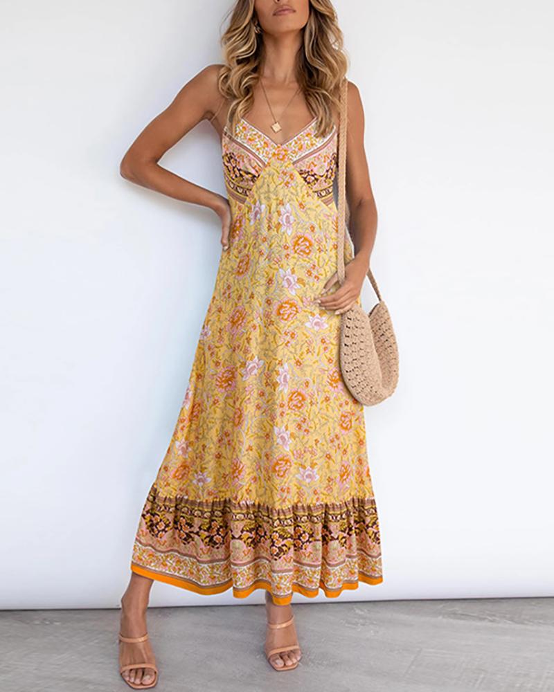 

Spaghetti Strap Floral Print Boho Maxi Dress, Yellow