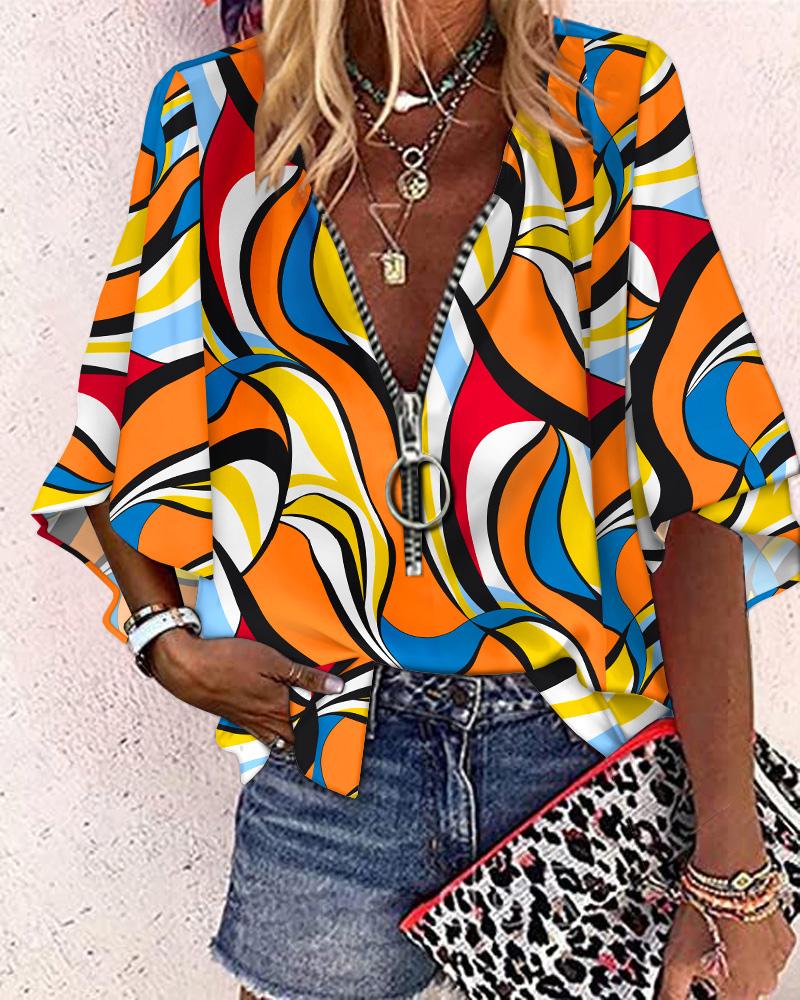 

Abstract Print Zip Front Bell Sleeve Top, Multicolor