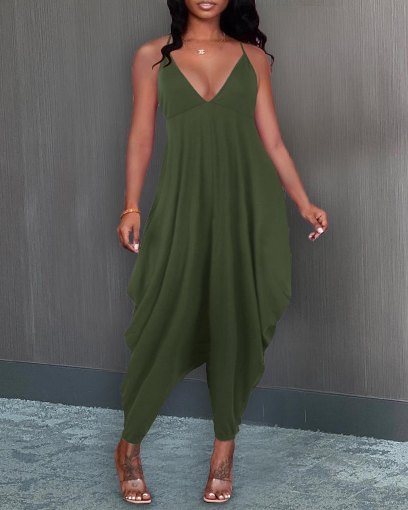 

Solid Color Sling Loose Jumpsuits, Army green