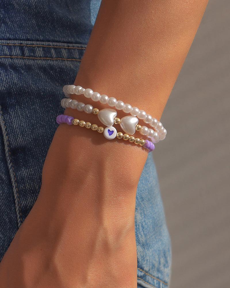

3PCS Heart Pearls Beaded Bracelet Set, Purple