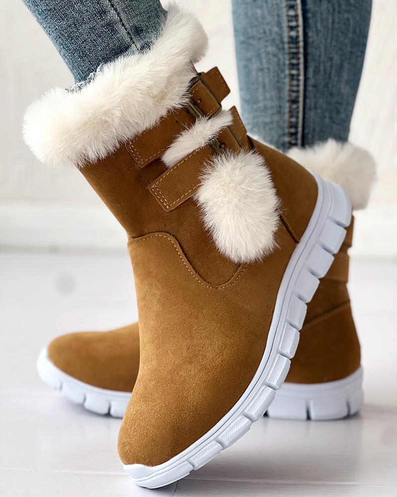 

Fuzzy Detail Lined Buckled Ankle Boots, Brown