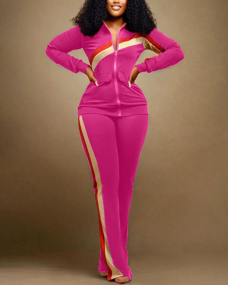 

Contrast Paneled Zip Up Top & Pants Set, Hot pink