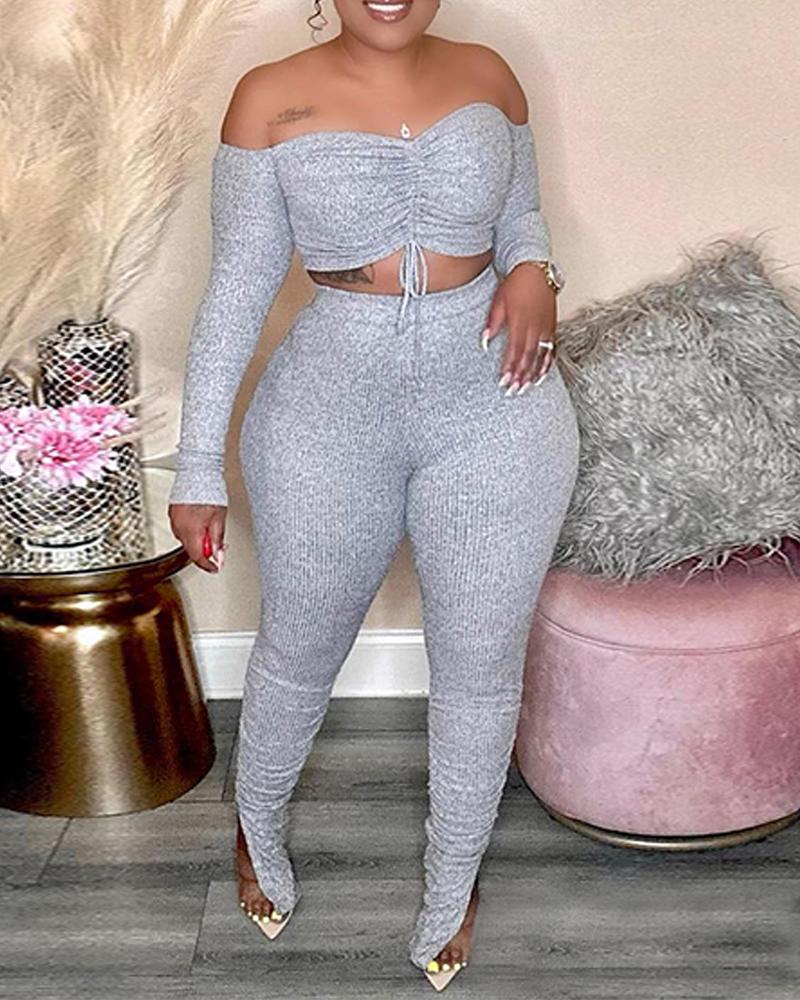 

Off Shoulder Drawstring Crop Top & Pants Set, Gray