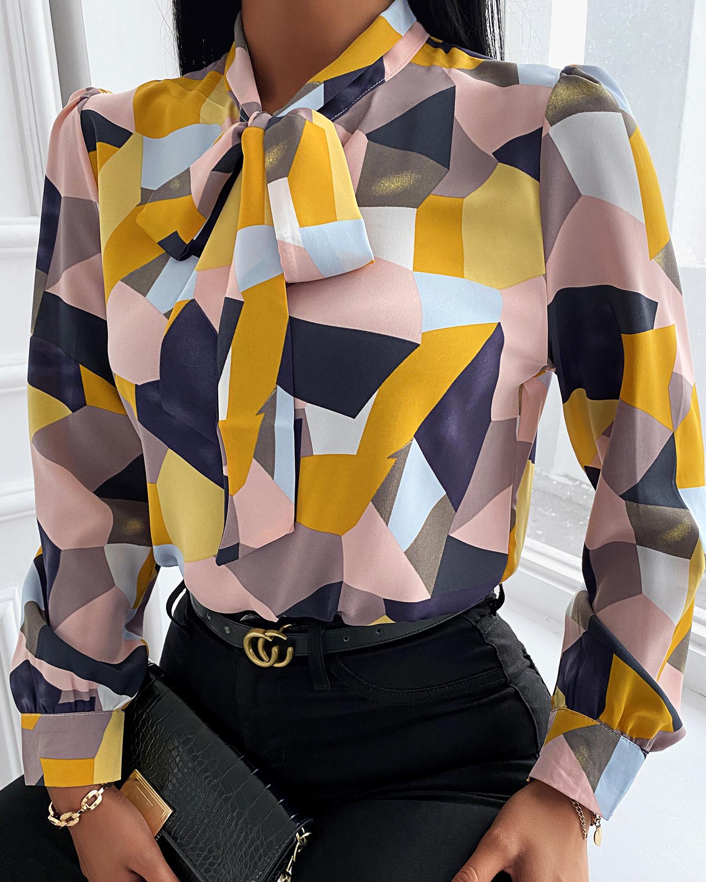 

Color Block Long Sleeve Chiffon Shirt, Yellow