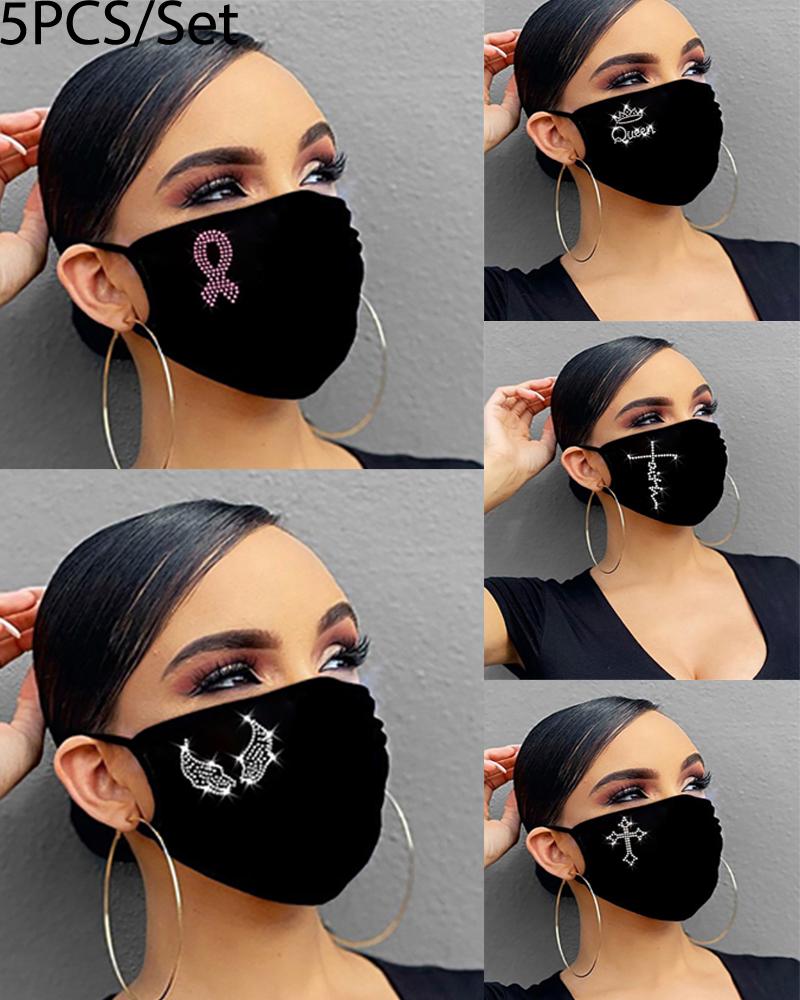 

5PCS/Set Randomly Dispatched Letter Pattern Bling Rhinestone Face Mask(Colors/Patterns Sent Randomly), Multicolor