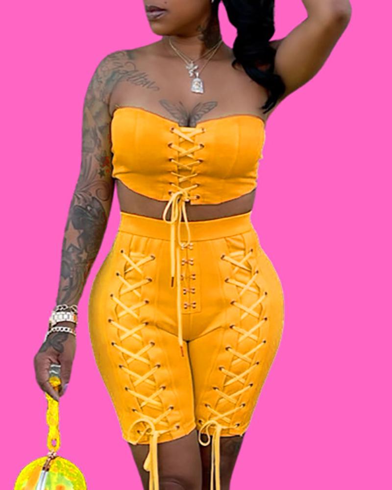

Bandeau Lace-up Crop Top & Shorts Set, Yellow
