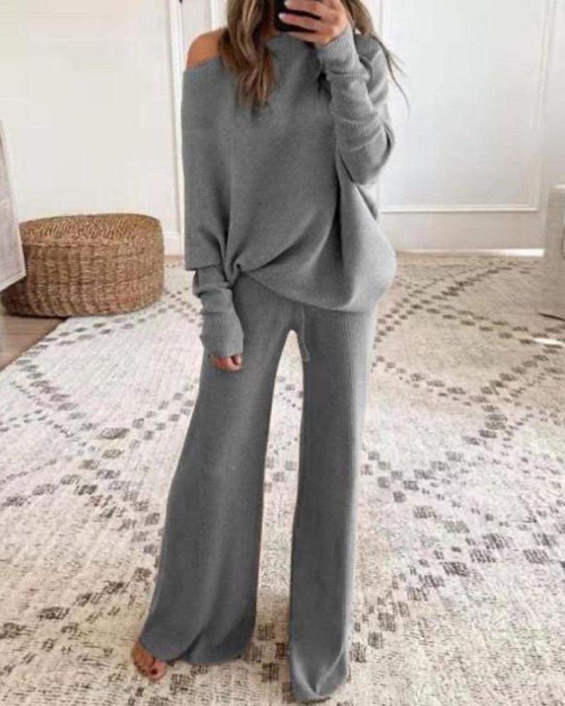 

Round Neck Long Sleeve Top & Bootcut Pants Set, Gray