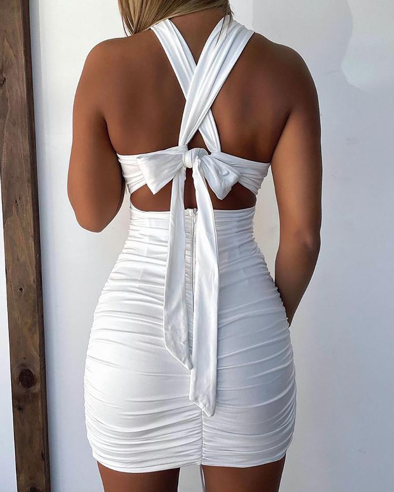 

Crisscross Halter Cutout Tied Detail Ruched Bodycon Dress, White