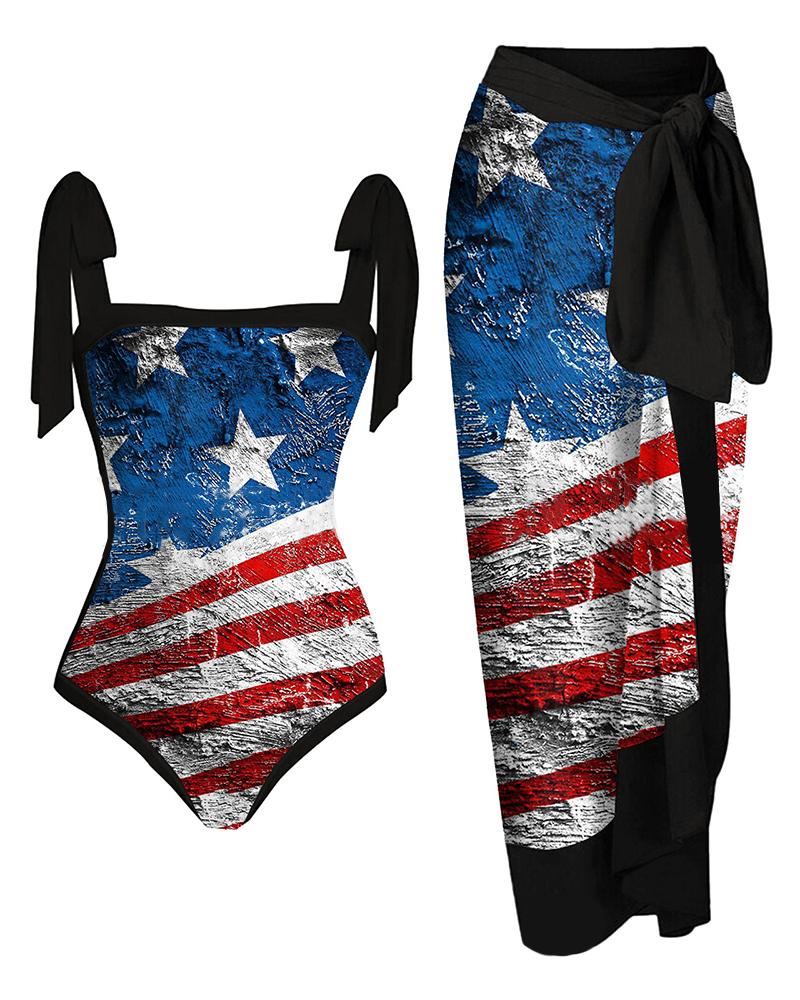 

Independence Day Flag Print Square Neck One Piece Swimsuit With Cover Up, Black