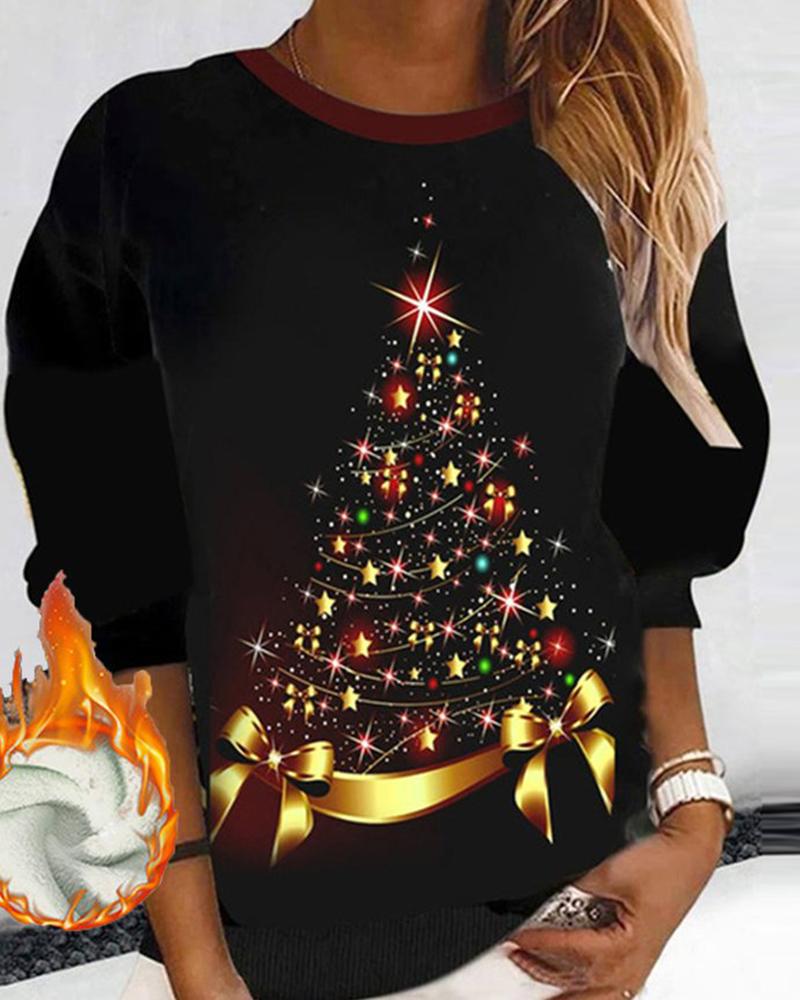 

Christmas Tree Print Long Sleeve Casual Top, Black