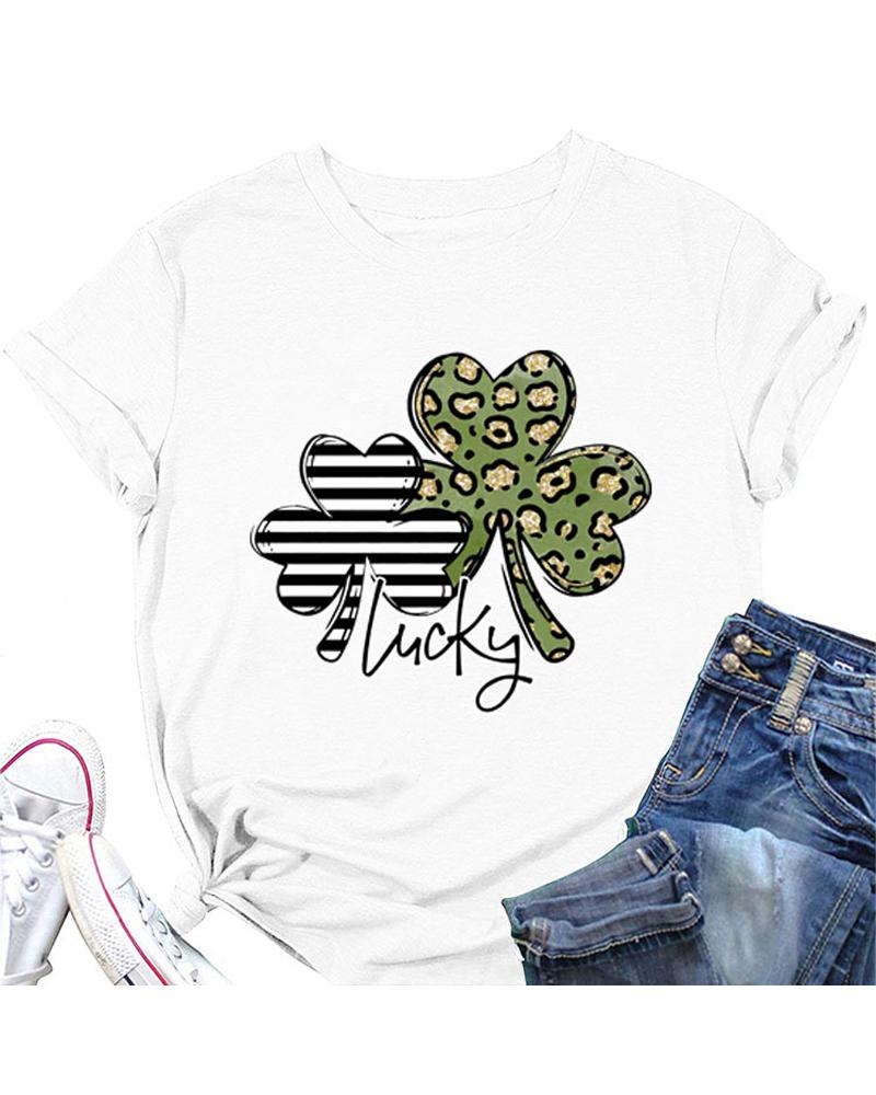 

St. Patrick' Day Letter Clover Print Casual T-shirt, White