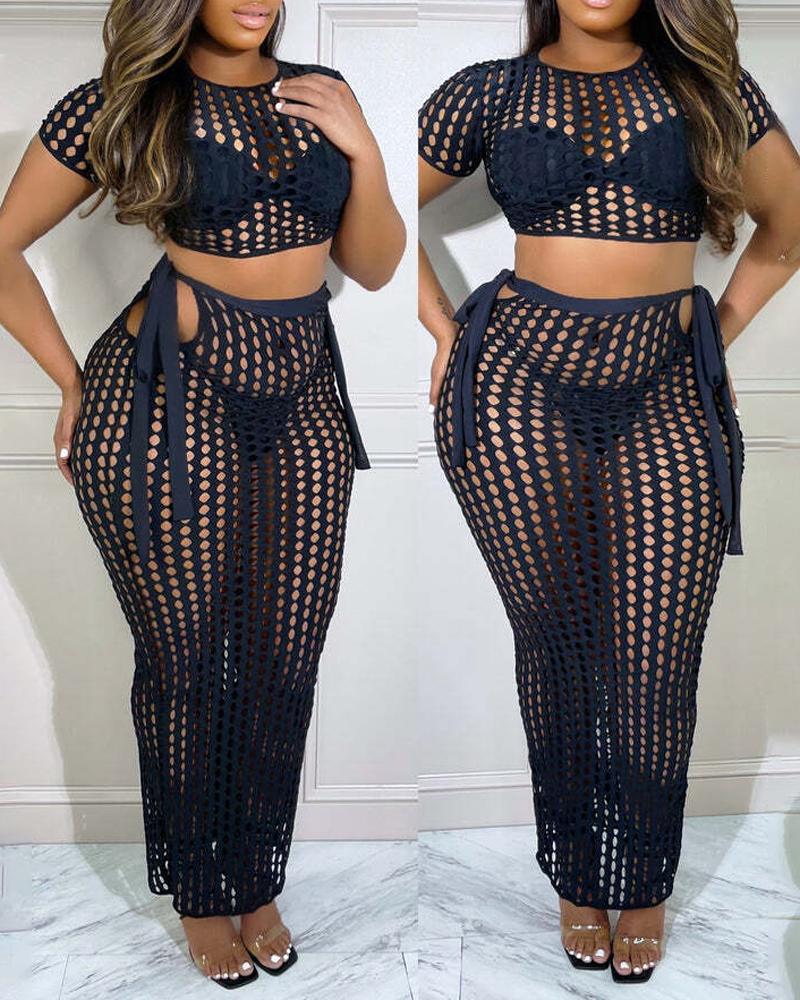 

Hollow Out Tied Detail Cover Up Set, Black