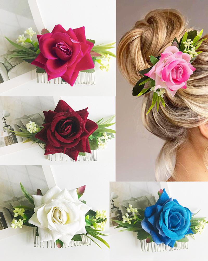 

1pcs Velvet Floral Pattern Bride Wedding Hair Comb Clip, Pink