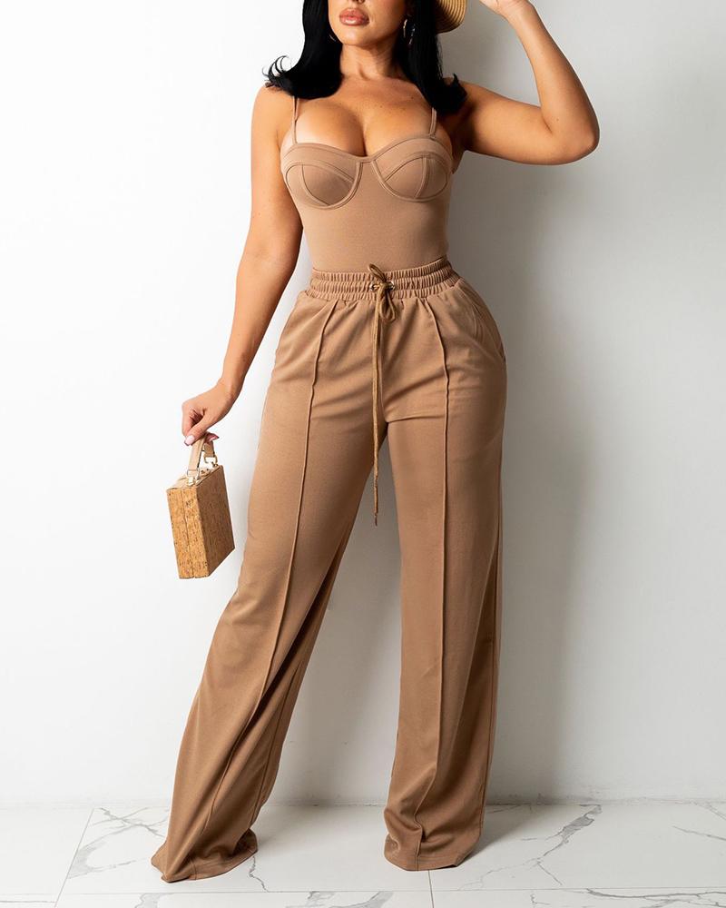 

Zipper Back Cami Top & Contrast Pipping Wide Leg Pants Set, Brown