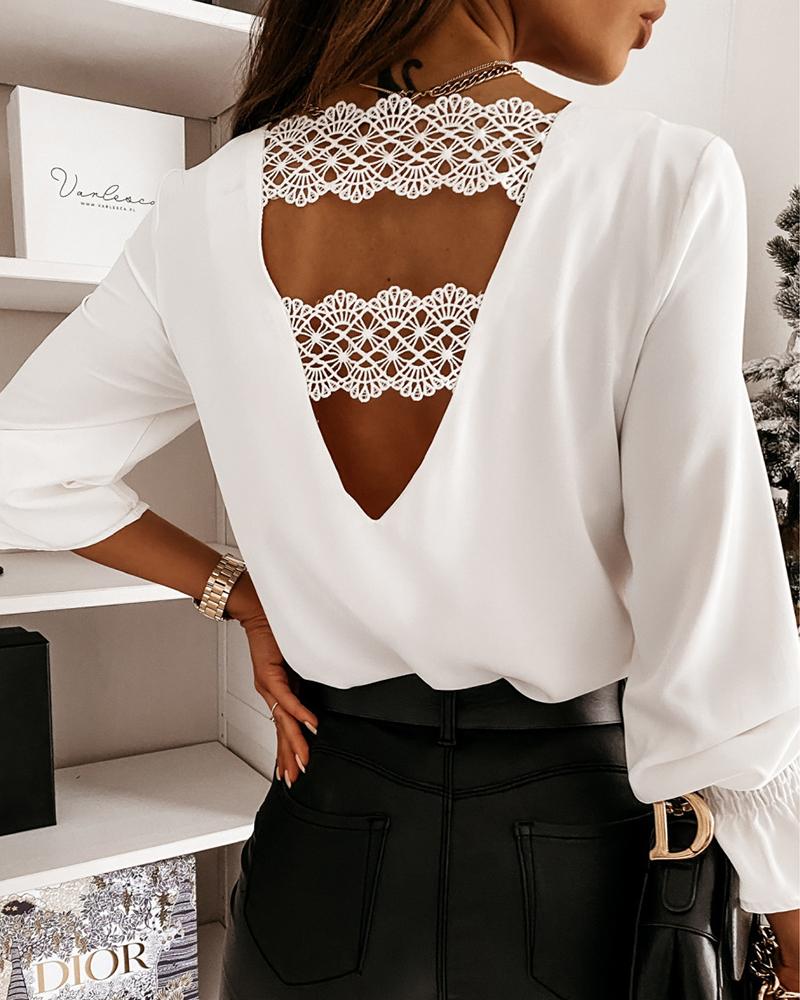 

V-Neck Guipure Lace Backless Top, White