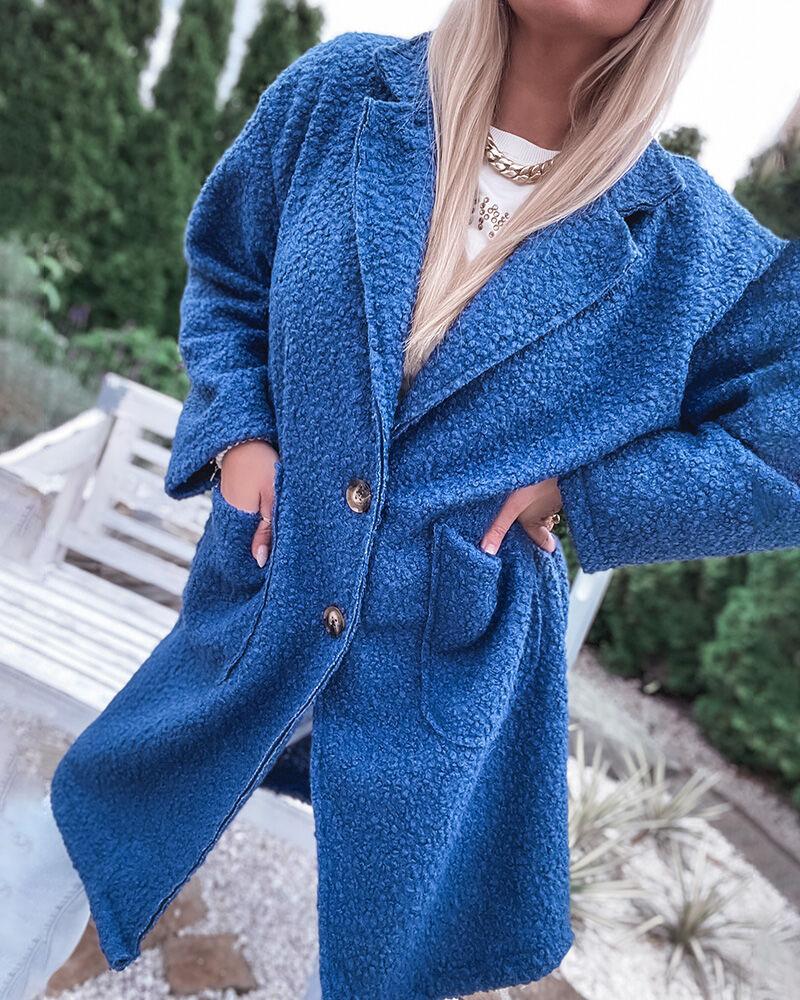 

Double Button Pocket Detail Long Sleeve Teddy Coat, Blue