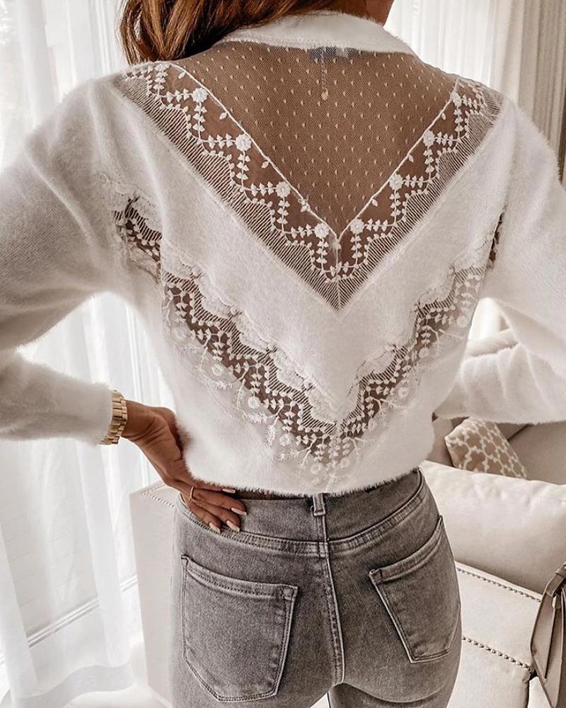 

Crochet Lace Sheer Mesh Sweater, White
