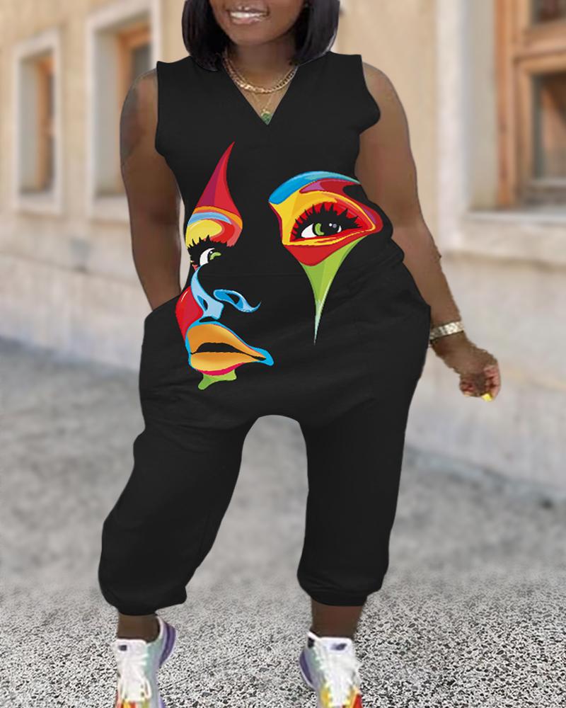 

Plus Size Figure Print V-Neck Pocket Design Jumpsuit, Black