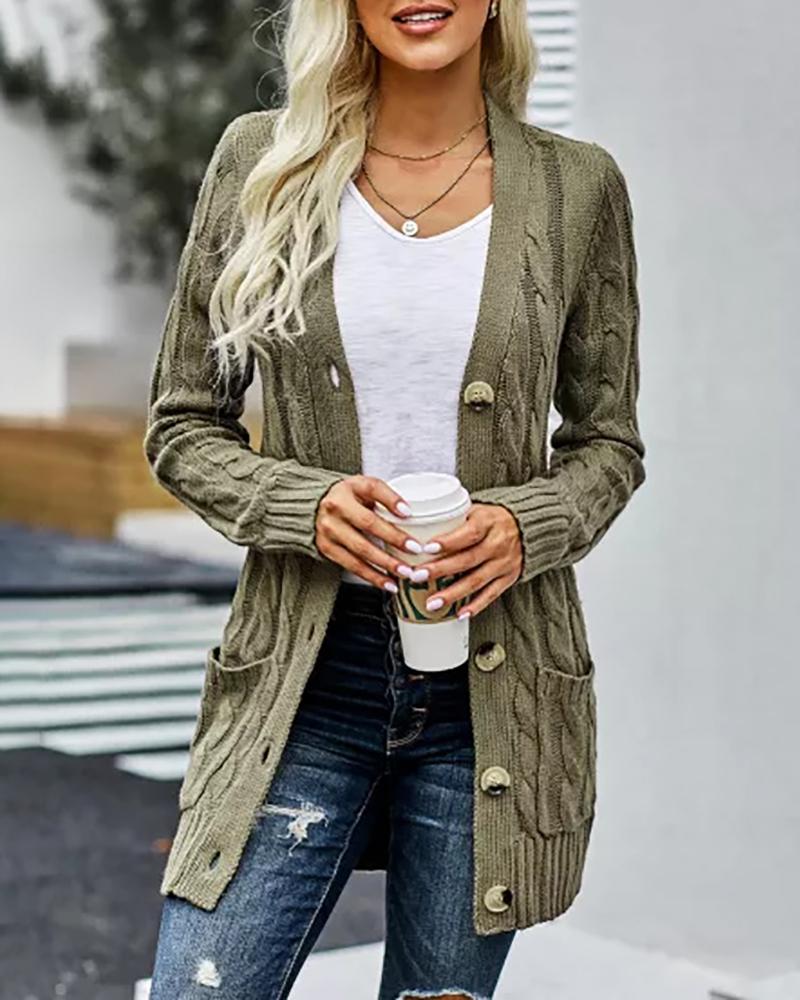 

Pocket Button Design Long Sleeve Braided Knit Cardigan, Green