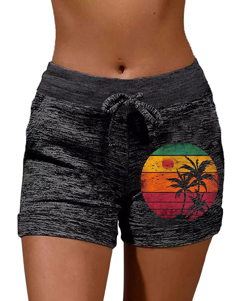 

Coconut Tree Landscape Print Pocket Design Shorts, Dark grey