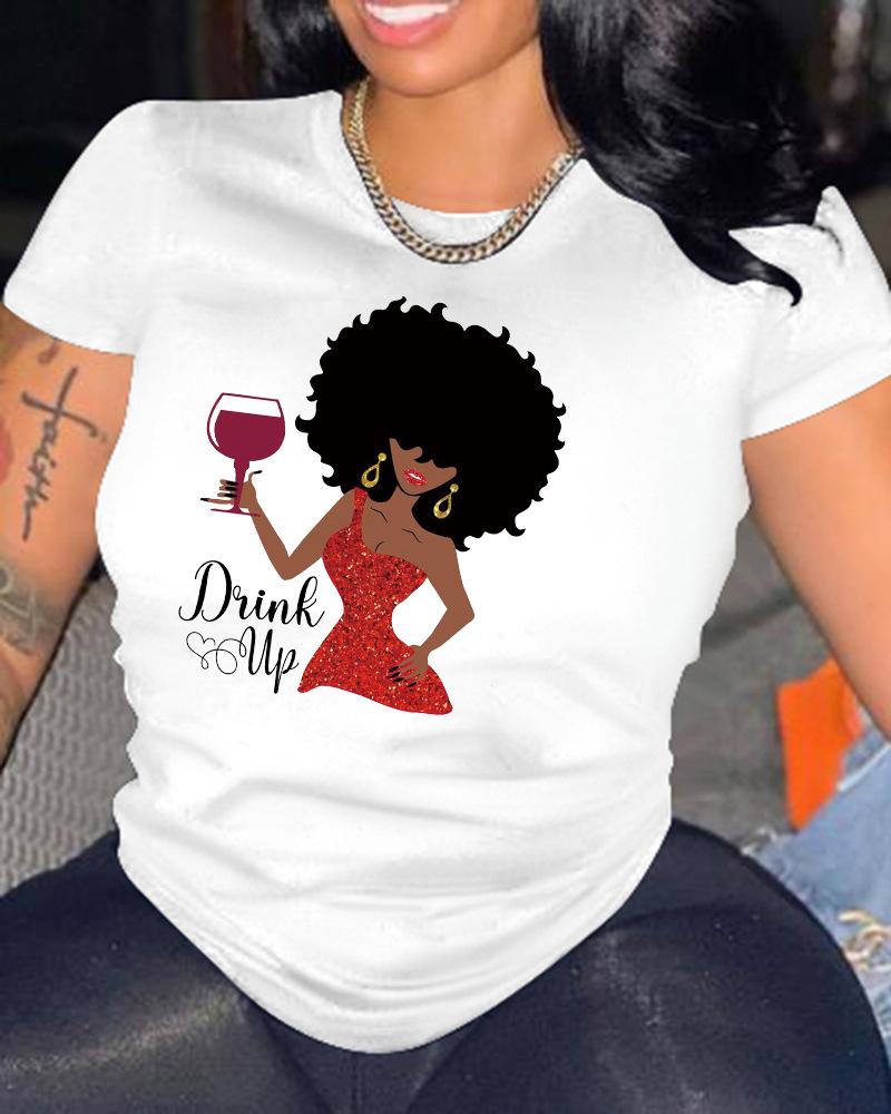 

Figure Wine Glass Print Casual T-shirt, White