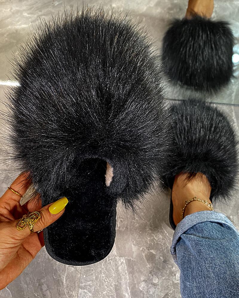 

Fluffy Faux Rabbit Fur Round Toe Slippers, Black