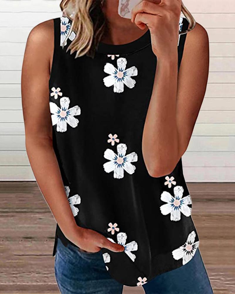 

Floral Print Round Neck Casual Tank Top, Black