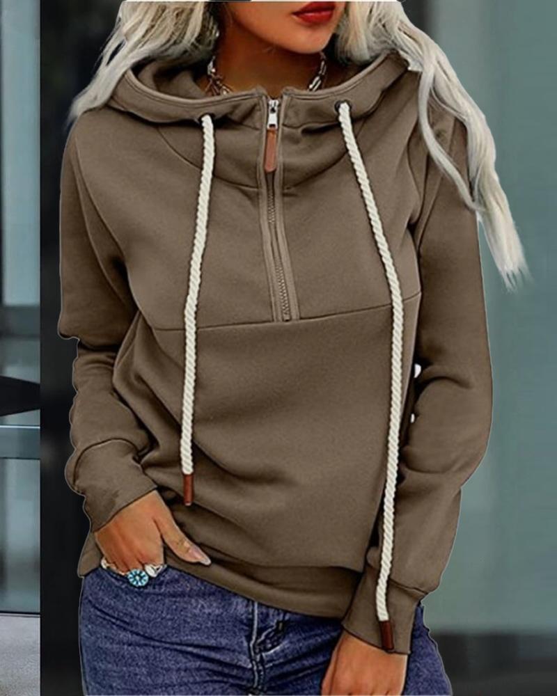 

Long Sleeve Zipper Front Drawstring Hoodie, Khaki