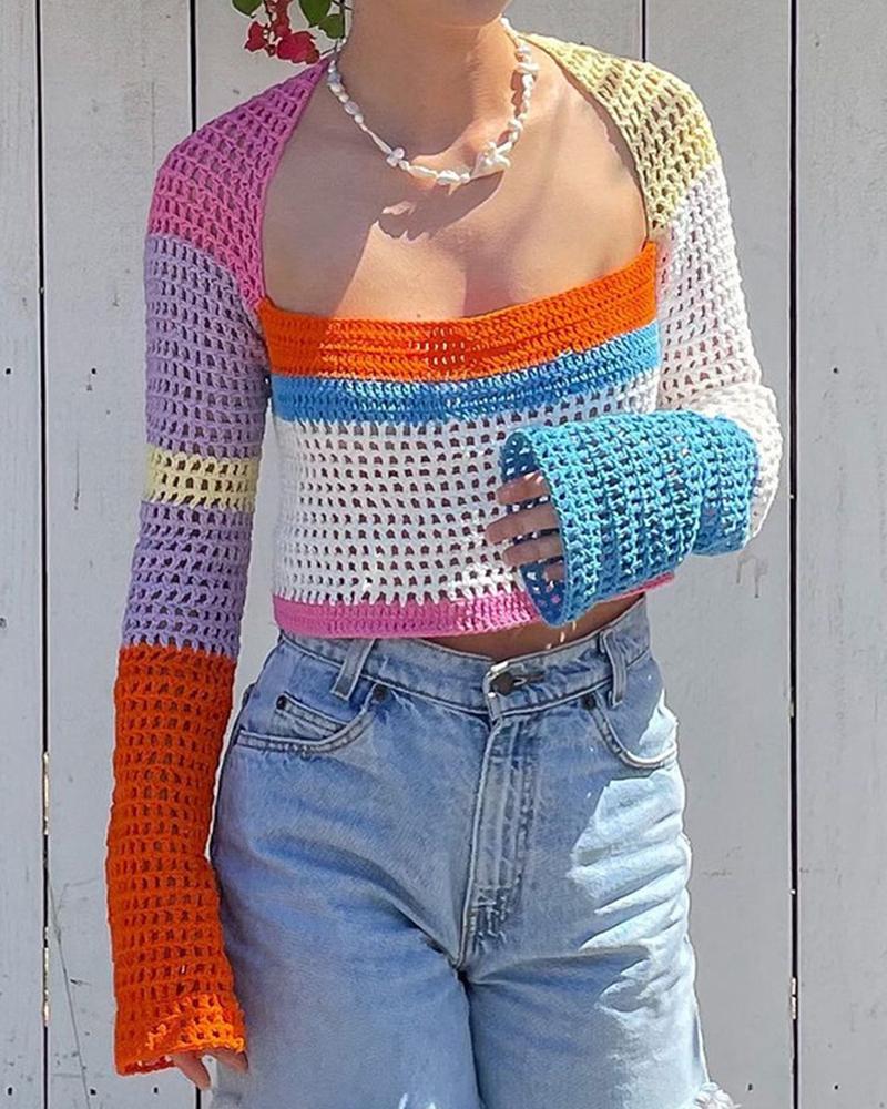 

Colorblock Square Neck Open Knit Crop Sweater, Orange