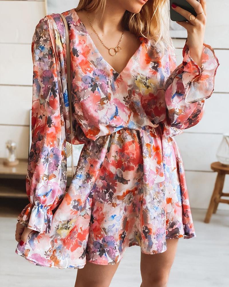 

Floral Print Puff Lantern Sleeve V Neck Dress, Style1